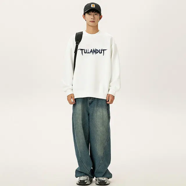 图兰朵 美式复古街头翅膀印花休闲宽松圆领卫衣 男女同款