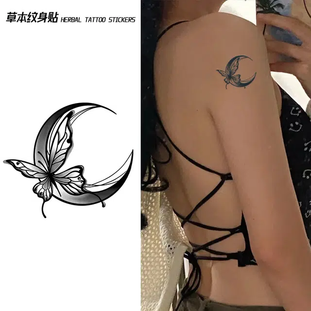 轻迎  月亮蝴蝶纹身贴草本半永久不反光女手臂高级唯美个性锁骨仿真果汁