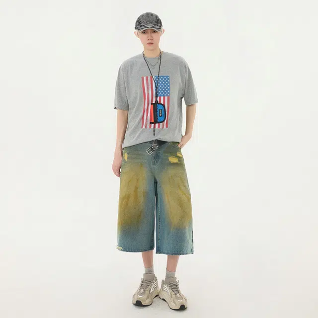 帝狼牛 美式做旧七分裤宽松百搭牛仔短裤 男女同款