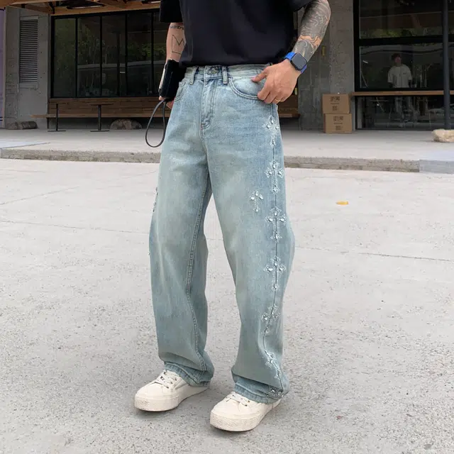 帝狼牛 美式复古高街个性做旧水洗烫钻设计感宽松阔腿简约牛仔裤 男女同款