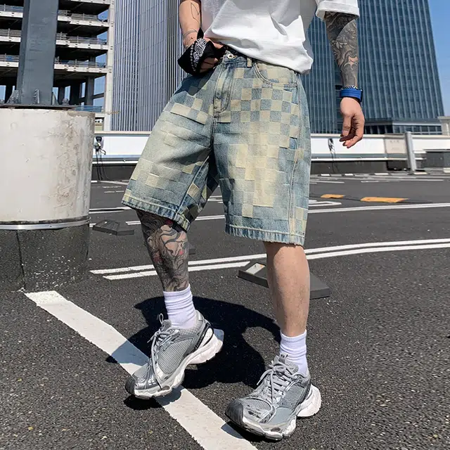 帝狼牛 时尚高街复古美式纽扣拉链中腰基础款百搭潮牌垂感褶皱宽松重榜小众设计感格子提花直筒五分裤牛仔短裤 男女同款
