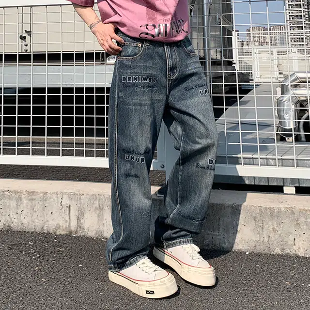 帝狼牛 做旧舒适磨白宽松刺绣字母复古水洗休闲牛仔裤 男女同款