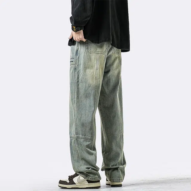 帝狼牛 美式复古印花做旧舒适亲肤透气直筒通勤百搭废土风垂感休闲中腰宽松牛仔裤 男女同款