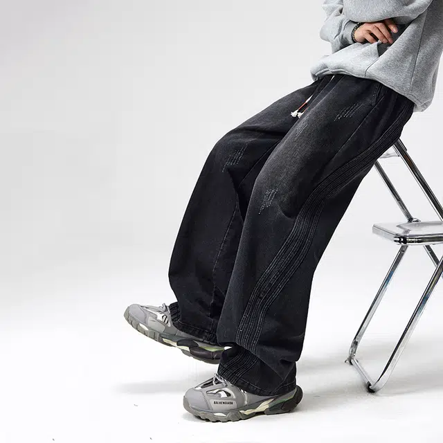 帝狼牛 美式阔腿机能微喇复古水洗潮牌宽松直筒休闲街头牛仔裤 男女同款