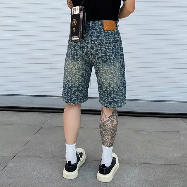 帝狼牛 美式高街复古提花潮牌五分阔腿痞帅休闲牛仔短裤 男女同款