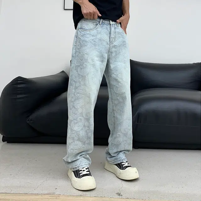 帝狼牛 潮流时尚美式复古宽松直筒百搭简约休闲满印设计高级小众舒适棉质面料高街长裤牛仔裤 男女同款