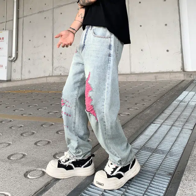 帝狼牛 美式高街复古水洗做旧破洞磨破宽松酷帅百搭慵懒风撞色直筒休闲时尚牛仔裤 男女同款