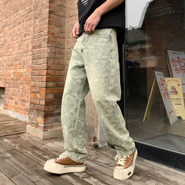 帝狼牛 水洗做旧复古腰果花设计宽松直筒长裤美式高街阔腿牛仔裤 男女同款