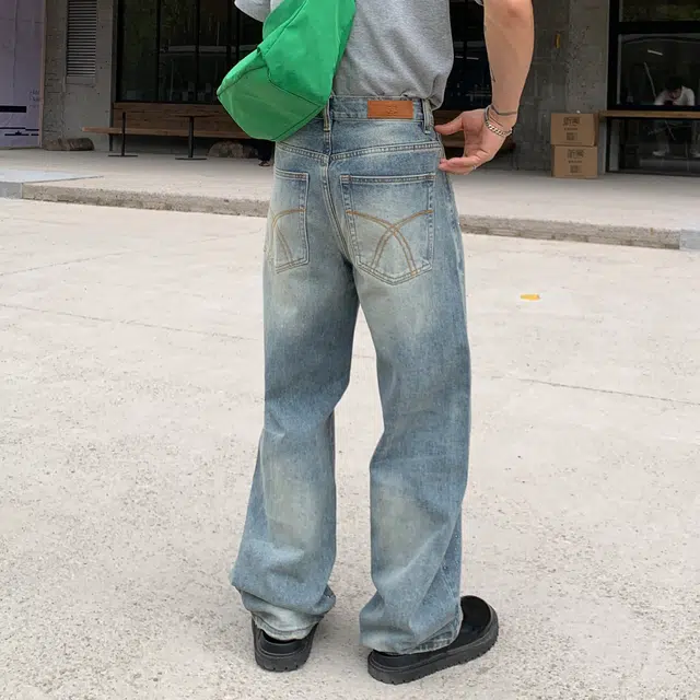 帝狼牛 美式高街复古做旧水洗镶钻设计纯色基础款阔腿裤宽松舒适裤休闲百搭牛仔裤 男女同款