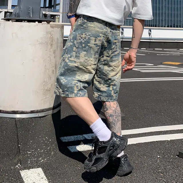 帝狼牛 时尚高街复古美式纽扣拉链中腰基础款百搭潮牌垂感褶皱宽松重榜提花小众设计感直筒五分牛仔短裤 男女同款