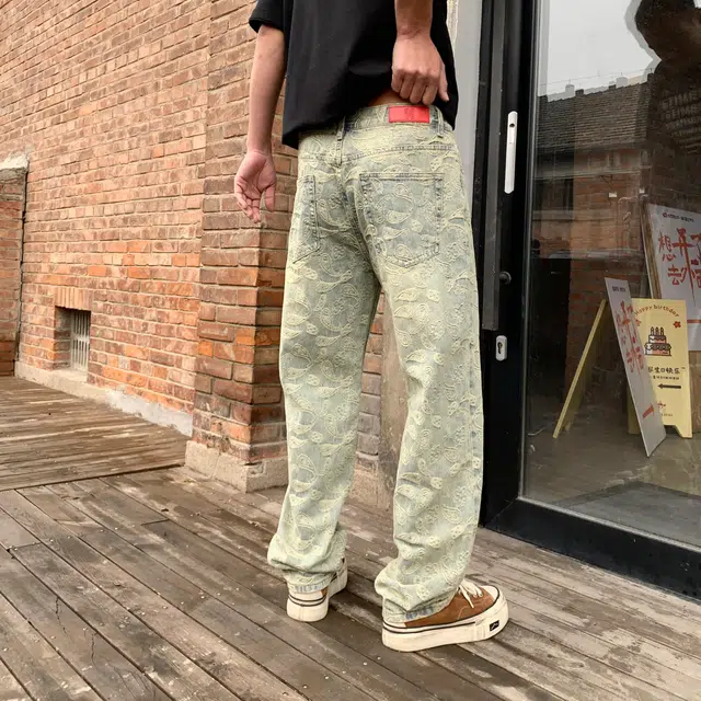 帝狼牛 水洗做旧复古腰果花设计宽松直筒长裤美式高街阔腿牛仔裤 男女同款