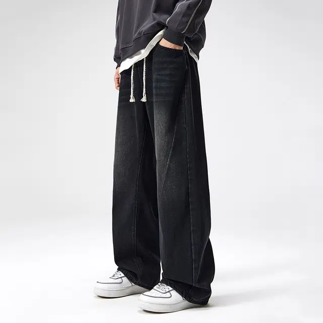 帝狼牛 复古水洗做旧磨白高街潮流水波纹阔腿百搭中性风抽绳牛仔裤 男女同款