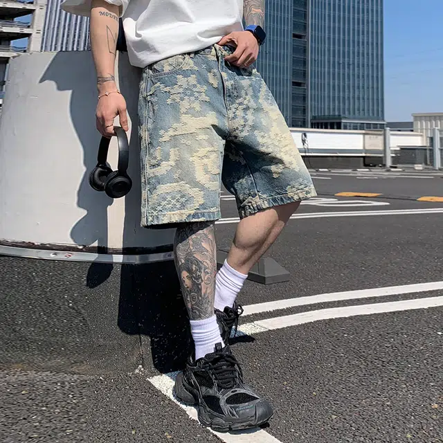 帝狼牛 时尚高街复古美式纽扣拉链中腰基础款百搭潮牌垂感褶皱宽松重榜提花小众设计感直筒五分牛仔短裤 男女同款