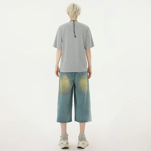 帝狼牛 美式做旧七分裤宽松百搭牛仔短裤 男女同款