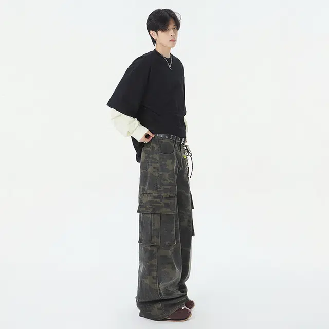 帝狼牛 美式高街迷彩多口袋休闲机能复古直筒微喇牛仔裤 男女同款