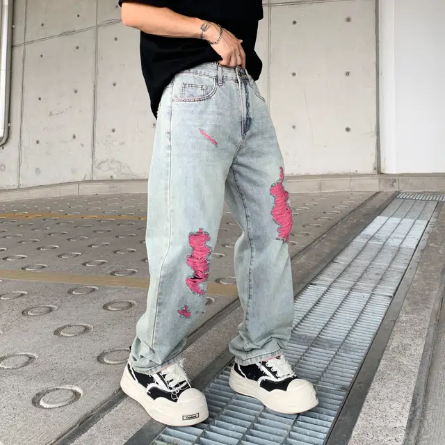 帝狼牛 美式高街复古水洗做旧破洞磨破宽松酷帅百搭慵懒风撞色直筒休闲时尚牛仔裤 男女同款