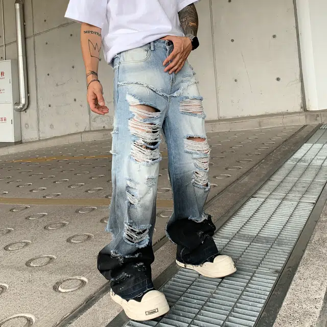 帝狼牛 美式复古渐变拼色破洞裤夏季水洗高街小众宽松直筒长裤牛仔裤 男女同款