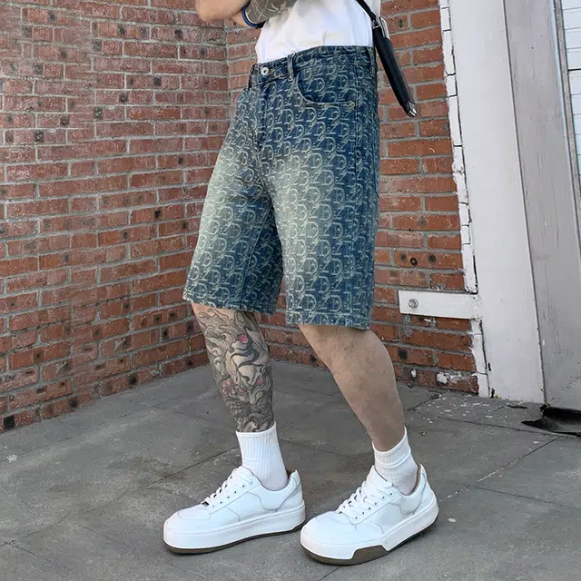 帝狼牛 美式高街复古提花潮牌五分阔腿痞帅休闲牛仔短裤 男女同款