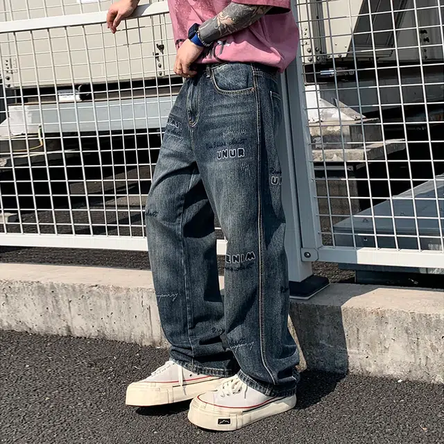 帝狼牛 做旧舒适磨白宽松刺绣字母复古水洗休闲牛仔裤 男女同款