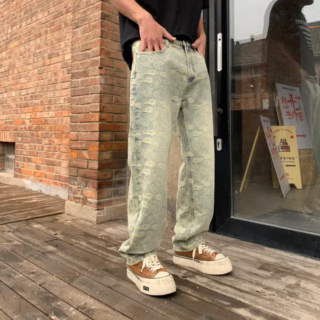 帝狼牛 水洗做旧复古腰果花设计宽松直筒长裤美式高街阔腿牛仔裤 男女同款