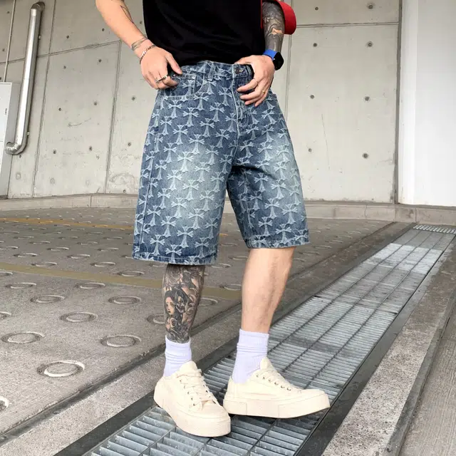 帝狼牛 复古提花潮牌五分美式高街阔腿痞帅休闲牛仔短裤 男女同款