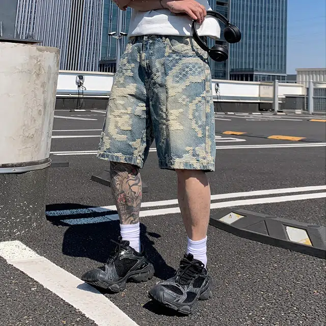 帝狼牛 时尚高街复古美式纽扣拉链中腰基础款百搭潮牌垂感褶皱宽松重榜提花小众设计感直筒五分牛仔短裤 男女同款