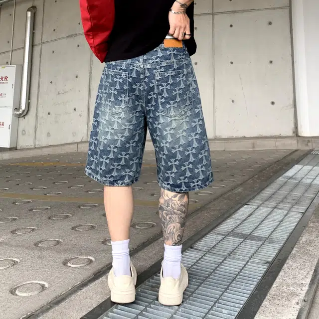 帝狼牛 复古提花潮牌五分美式高街阔腿痞帅休闲牛仔短裤 男女同款