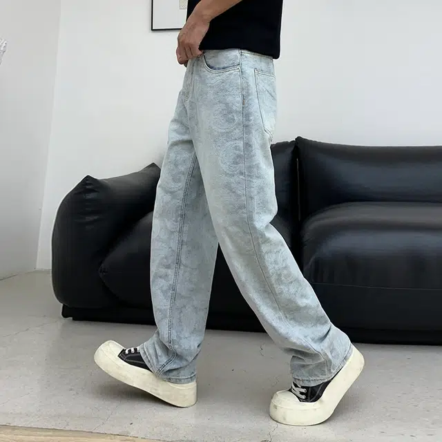 帝狼牛 潮流时尚美式复古宽松直筒百搭简约休闲满印设计高级小众舒适棉质面料高街长裤牛仔裤 男女同款