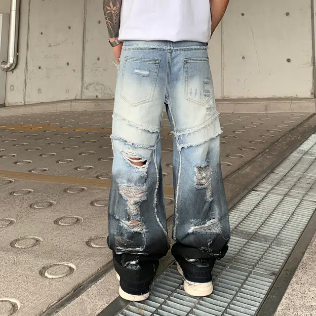帝狼牛 美式复古渐变拼色破洞裤夏季水洗高街小众宽松直筒长裤牛仔裤 男女同款