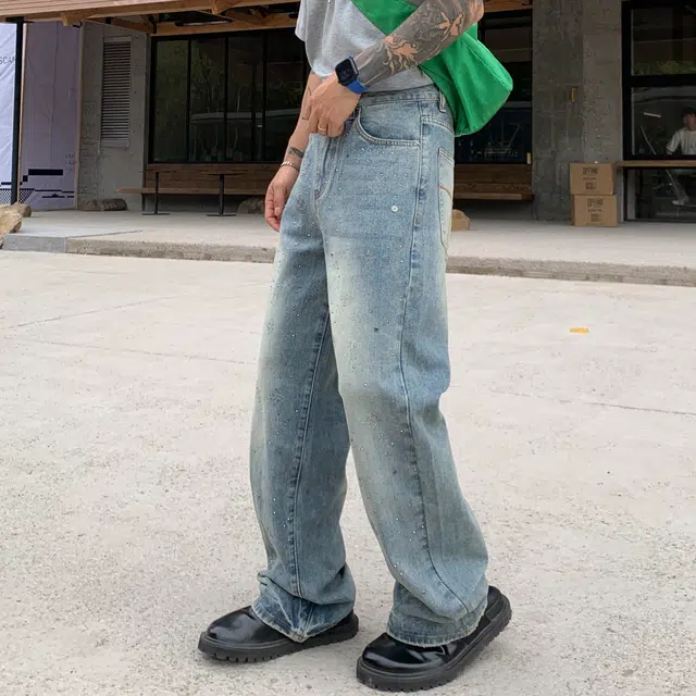 帝狼牛 美式高街复古做旧水洗镶钻设计纯色基础款阔腿裤宽松舒适裤休闲百搭牛仔裤 男女同款