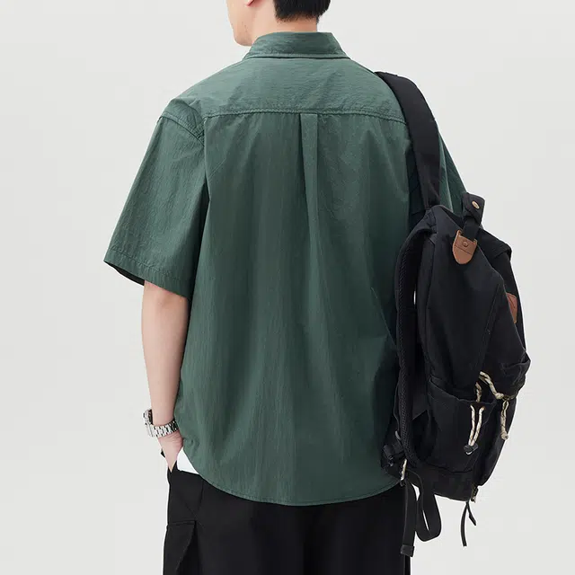 帝狼牛 山系户外机能休闲舒适薄款透气翻领侧边拉链日式高端复古拼接凉感短袖衬衫 男女同款