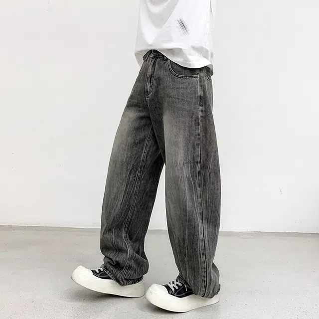 帝狼牛 美式复古高街潮流猫须做旧水洗弯刀阔腿休闲宽松百搭日常通勤舒适柔软亲肤透气中腰长裤牛仔裤 男女同款
