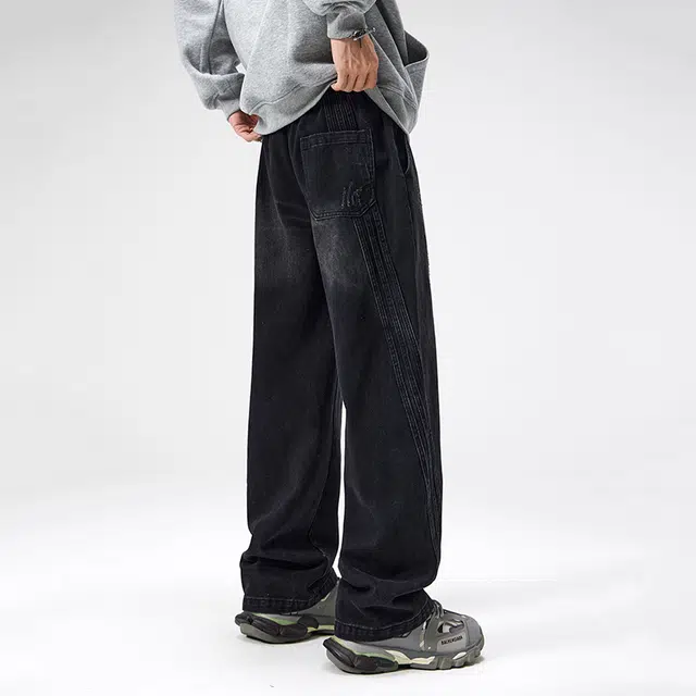 帝狼牛 美式阔腿机能微喇复古水洗潮牌宽松直筒休闲街头牛仔裤 男女同款