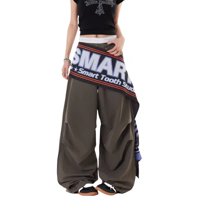 棉基因 潮流街舞嘻哈风个性字母屁帘一边可分开拼接设计褶皱拖地款伞兵裤男友风宽松直筒休闲裤 女款