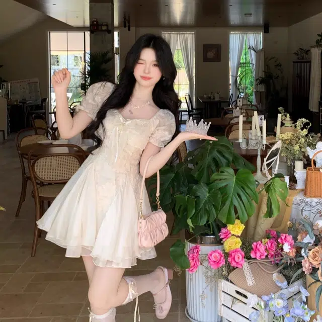 棉基因 法式纯欲气质蓬蓬网纱拼接公主裙减龄短袖连衣裙 女款