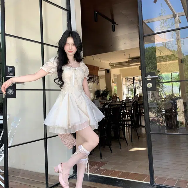 棉基因 法式纯欲气质蓬蓬网纱拼接公主裙减龄短袖连衣裙 女款
