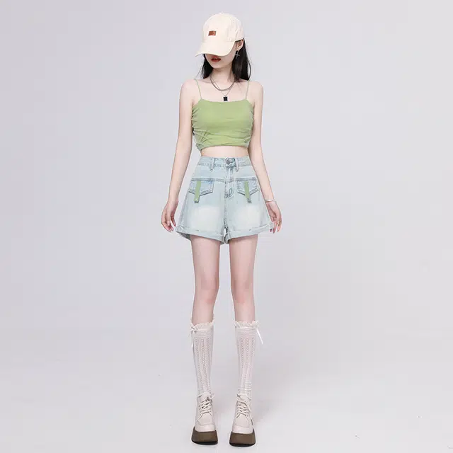 新世家族 美式高街设计感口袋辣妹风高腰时尚百搭宽松花苞卷边阔腿牛仔短裤 女款 浅蓝色