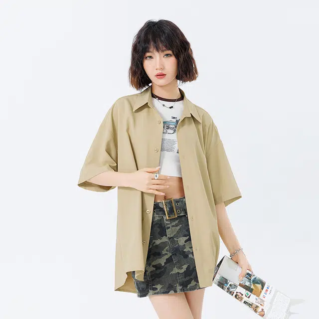 新世家族 青少年簿款美式夏季潮牌翻领百搭休闲短袖衬衫 女款