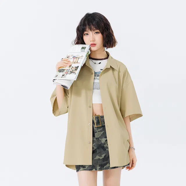 新世家族 青少年簿款美式夏季潮牌翻领百搭休闲短袖衬衫 女款