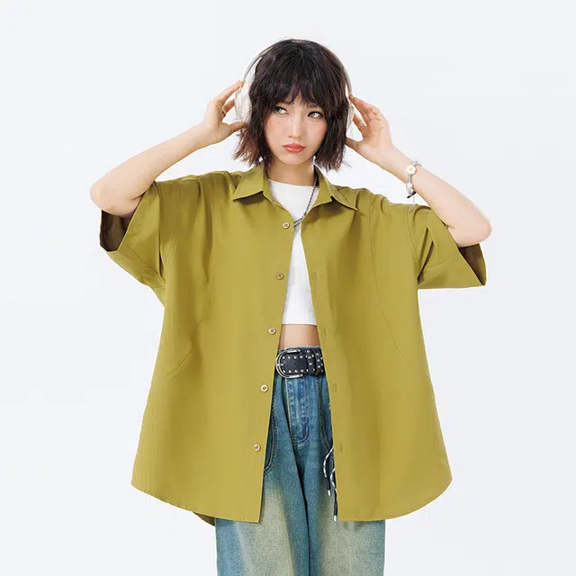 新世家族 青少年簿款美式夏季潮牌翻领百搭休闲短袖衬衫 女款
