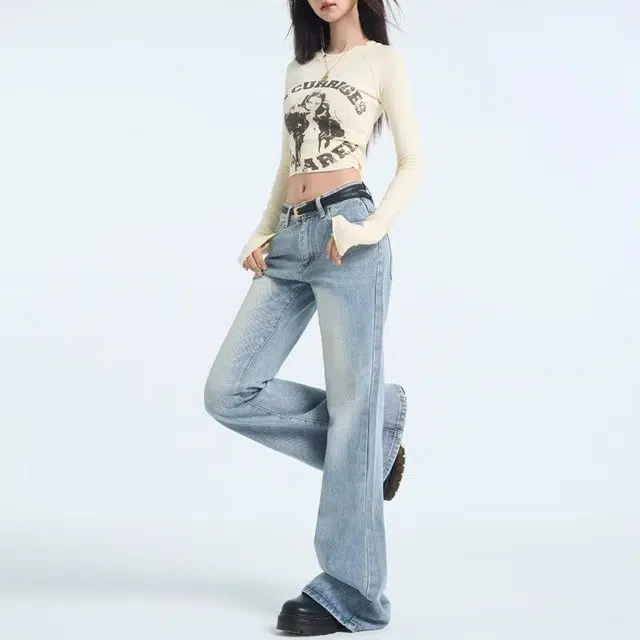 新世家族 喇叭显瘦高腰弹力微喇牛仔裤 女款