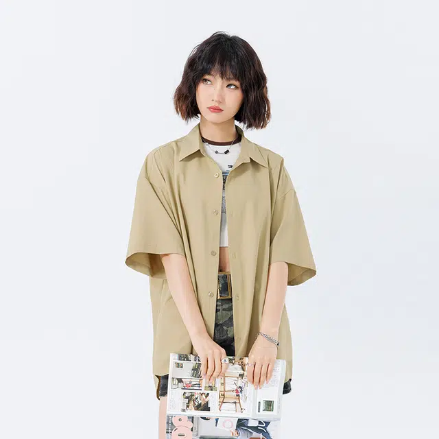 新世家族 青少年簿款美式夏季潮牌翻领百搭休闲短袖衬衫 女款