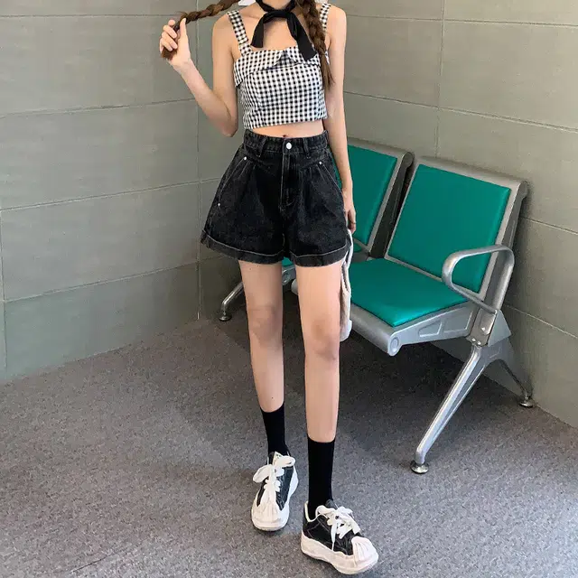 新世家族 高腰卷边宽松阔腿简约时尚百搭牛仔短裤 女款