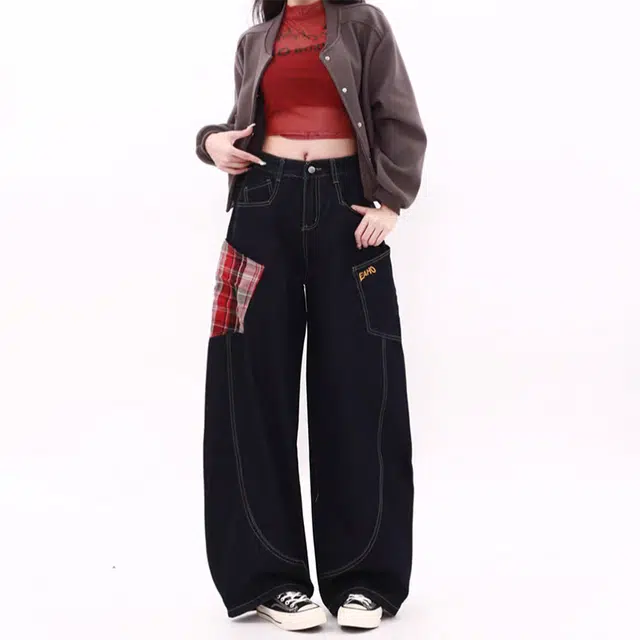 新世家族 格纹拼接高街阔腿宽松垂感百搭时尚舒适牛仔裤 女款