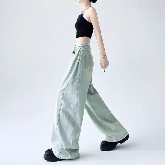 新世家族 美式复古直筒高腰宽松显瘦辣妹毛边阔腿长裤牛仔裤 女款