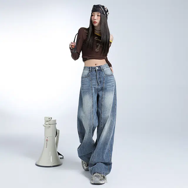 新世家族 美式做旧磨白微喇裤时尚百搭出游拍照女春秋高腰显瘦高个子加长显瘦拖地长裤阔腿裤牛仔裤 女款