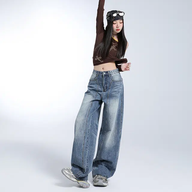 新世家族 美式做旧磨白微喇裤时尚百搭出游拍照女春秋高腰显瘦高个子加长显瘦拖地长裤阔腿裤牛仔裤 女款