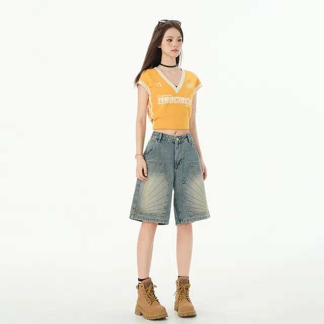 新世家族 美式复古做旧直筒裤夏季潮牌宽松显瘦显高时尚舒适五分裤子休闲百搭牛仔短裤 女款