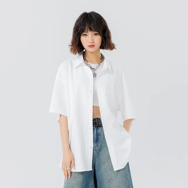 新世家族 青少年簿款美式夏季潮牌翻领百搭休闲短袖衬衫 女款