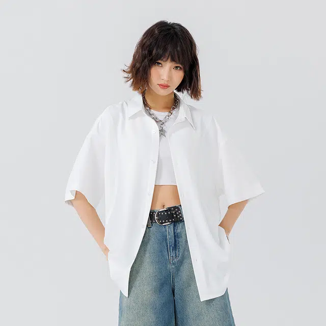 新世家族 青少年簿款美式夏季潮牌翻领百搭休闲短袖衬衫 女款